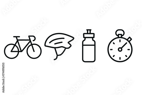 Cycling essentials: bicycle, helmet, water bottle, stopwatch icons