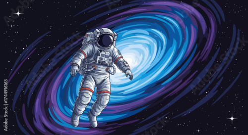 Astronaut floating in deep space with a vibrant blue and purple spiral galaxy in the background, surrounded by distant stars.
