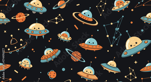 Cute pixel art aliens and spaceships exploring the galaxy.
