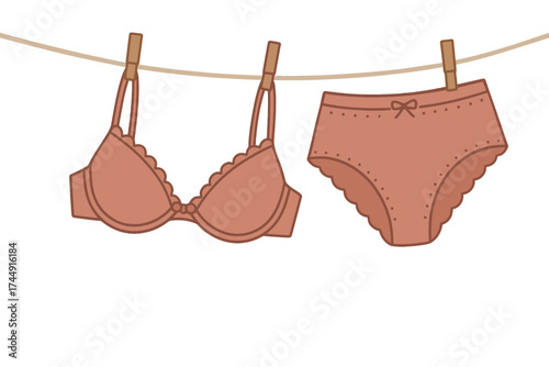 Hanging female undergarments on clothesline - bra and panties illustration