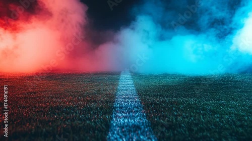 Futuristic football field illuminated with red and blue smoke under dramatic lighting, competition, teamwork, sports energy, technology in athletics, digital atmosphere modern sporting event concept.