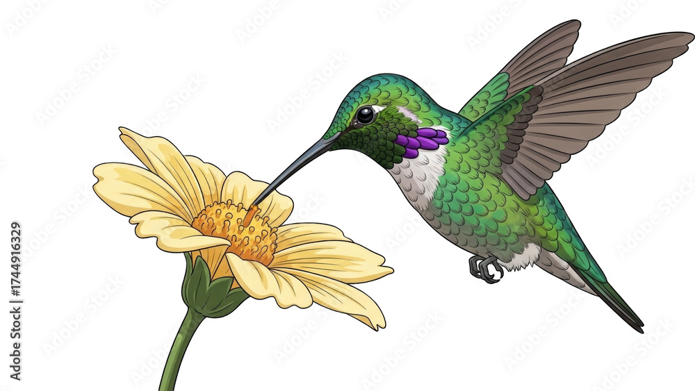 Fototapeta premium Hummingbird Feeding on Flower in Vibrant Nature Scene (1)