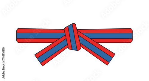 Red and blue striped martial arts belt tied in a knot, commonly used in karate or taekwondo training.