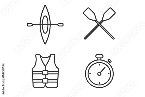 Kayaking essentials: kayak, paddles, life vest, stopwatch icons