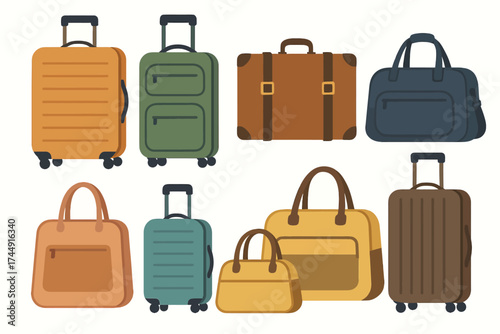 Variety of colorful luggage and bags in different styles and sizes