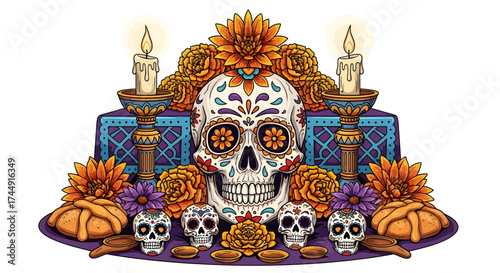 Colorful Day of the Dead altar with a decorated sugar skull, marigold flowers, lit candles, and traditional offerings.