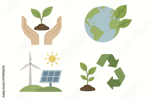 Sustainability icons: renewable energy, recycling, and environmental conservation