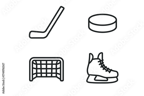 Outline icons of hockey stick, puck, goal net, and ice skates