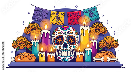 Vibrant Day of the Dead altar with a decorated sugar skull, glowing candles, marigold flowers, and traditional papel picado banners.