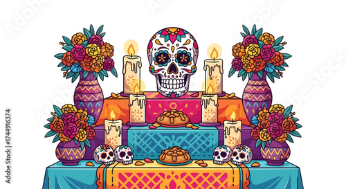 Colorful Day of the Dead altar with sugar skull, marigold flowers, candles, and traditional offerings on a tiered display.