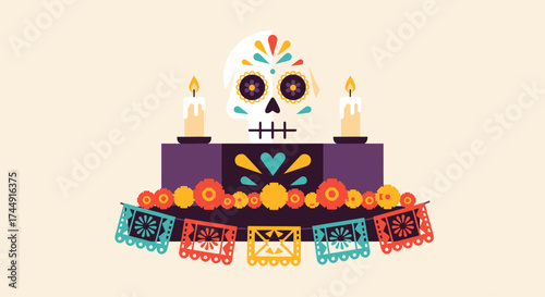 Colorful Day of the Dead altar with a sugar skull, candles, marigolds, and papel picado banners, celebrating Mexican tradition.