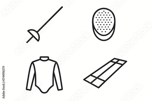 Fencing equipment icons: sword, mask, jacket, and mat in black line art
