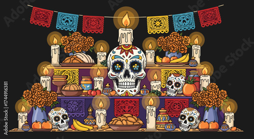 Vibrant Day of the Dead altar with sugar skulls, marigold flowers, lit candles, and traditional offerings against a dark background.