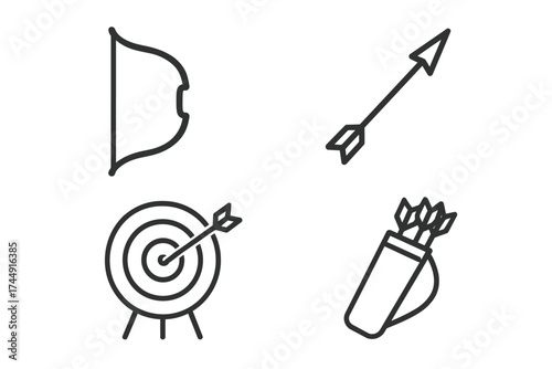 Archery equipment icon set: bow, arrow, target, quiver