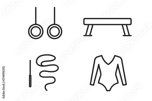 Vector icons of gymnastic rings, balance beam, ribbon, and leotard