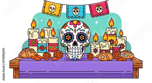 Colorful Day of the Dead altar illustration with a sugar skull, lit candles, pan de muerto, and papel picado banners.