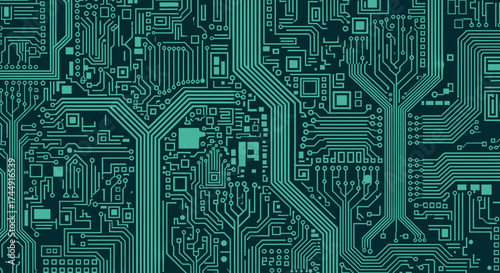 Macro top-down view of a complex green printed circuit board with intricate electronic pathways and components.