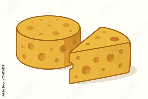 Cartoon cheese illustration with whole and wedge shapes