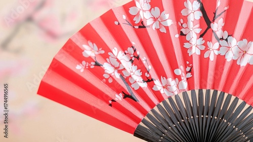 Red folding fan with white cherry blossoms, traditional japanese design