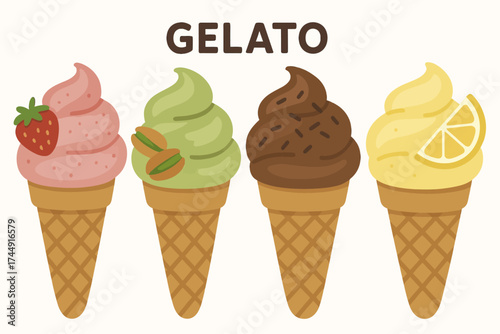 Four delicious gelato cones with strawberry, pistachio, chocolate, and lemon flavors