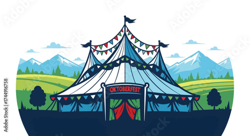 A festive Oktoberfest beer tent set against a scenic backdrop of green hills and mountains.
