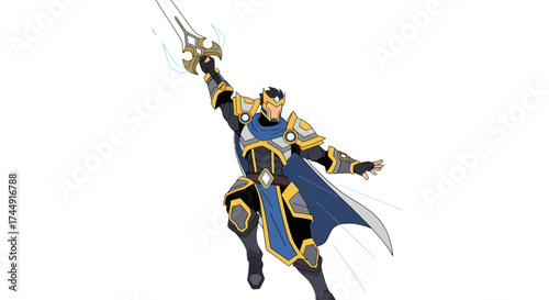 A heroic fantasy king in ornate blue and gold armor holding a glowing sword aloft.