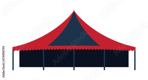 A large red and dark blue circus or festival tent, depicted in a flat vector illustration style against a white background.