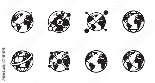 Collection of eight globe icons with different designs, representing global connectivity and networks.