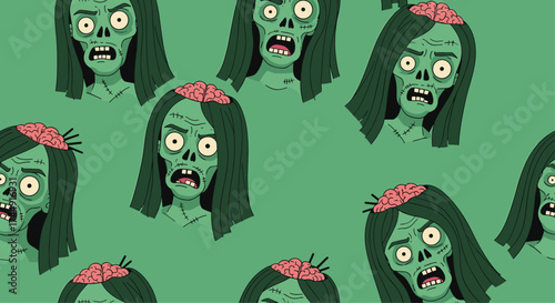 A creepy pattern of numerous green zombies with dark hair and exposed brains.
