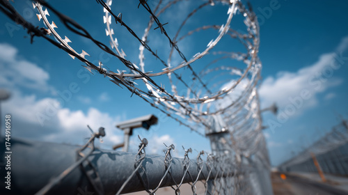 Close-up of a high-security perimeter fence topped with concertina razor wire and a CCTV surveillance camera, set against a blue sky. Concept of protection, restricted area, monitoring.