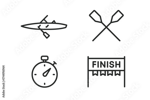 Outline icons of kayak, paddles, stopwatch, and finish line