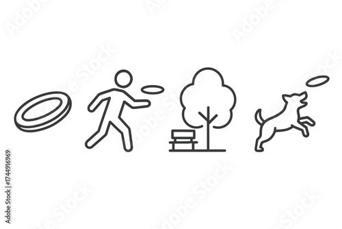 Simple icons of outdoor frisbee activity with person, tree, and dog