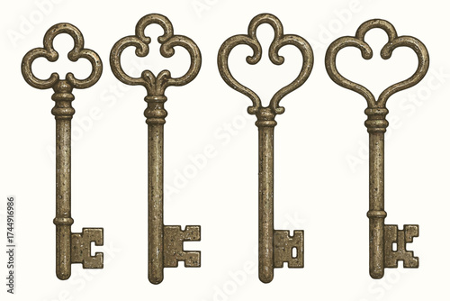 Four vintage ornate skeleton keys in a row