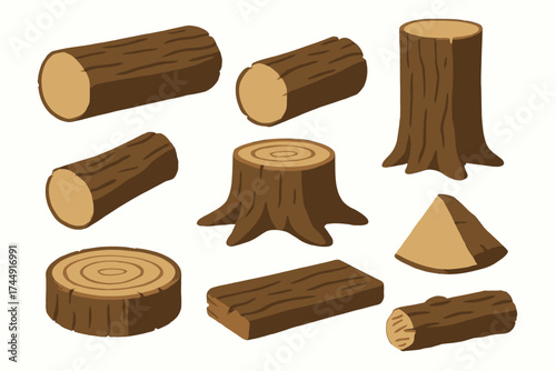 Set of various wooden logs and stumps illustrations in different shapes