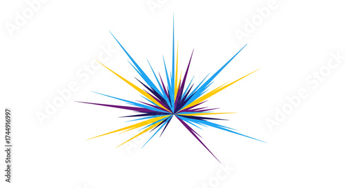 A vibrant abstract explosion of sharp, radiating lines in blue, yellow, and purple on a white background.