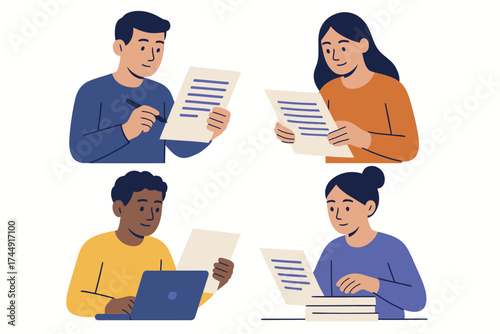 Diverse group of adults engaged in reading and studying activities