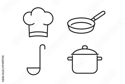 Minimalist line art of chef hat, pan, ladle, and cooking pot icons