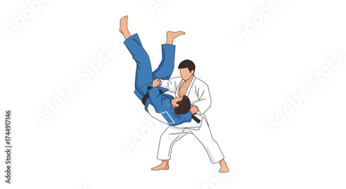 A judoka in a white uniform performs a dynamic throwing technique on an opponent in a blue uniform.