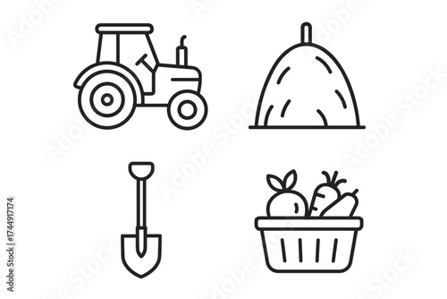 Farming icon set: tractor, haystack, shovel, basket of harvested vegetables