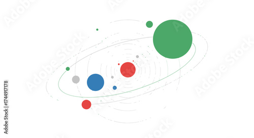 A minimalist graphic illustration of a solar system with colorful planets orbiting on elliptical paths.