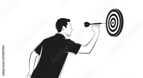A man in a black shirt throws a dart at a target, hitting the bullseye, symbolizing success and precision.