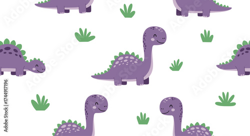 Cute purple dinosaurs in a grassy field.