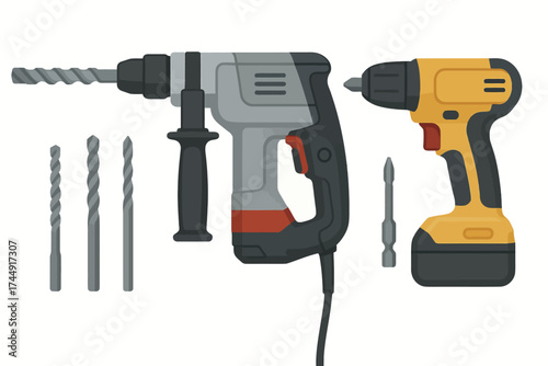 Electric and cordless power drills with various drill bits on white background