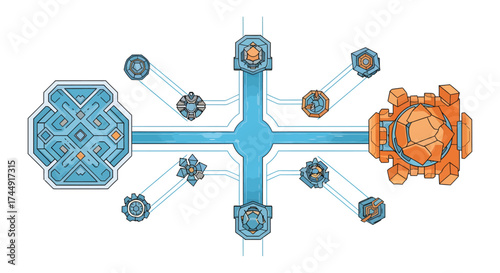 A symmetrical digital illustration of a fantasy network connecting a blue labyrinthine structure to a large orange crystalline hub via a central conduit.