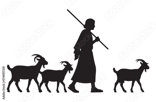 Black silhouette of a traditional shepherd or goatherd walking with a staff and leading three goats.