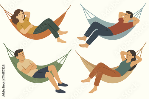 Relaxing caucasian and hispanic adults lounging in hammocks with content expressions