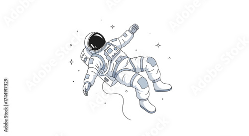 A minimalist line art illustration of an astronaut in a spacesuit floating weightlessly in outer space among stars.