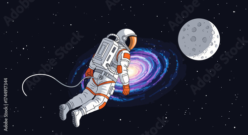An astronaut floating in the vastness of outer space with a spiral galaxy and a cratered moon in the background.