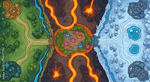 A fantasy world map divided into four elemental biomes: forest, volcanic, ice, and a central island.