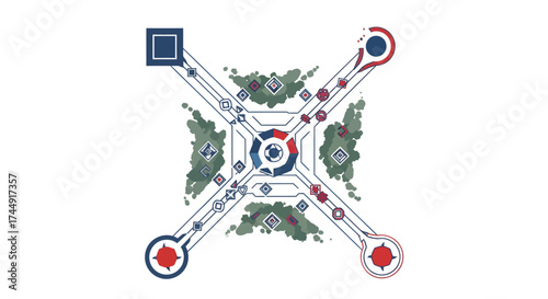 Abstract strategic diagram with four diagonal paths connecting red and blue bases to a central hub, suggesting a futuristic game board or network.